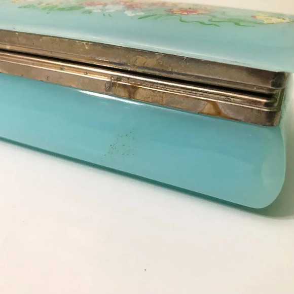Vintage Trinket Box  Blue Plastic Hong Kong Hinged Floral Case Flaws - Picture 10 of 16